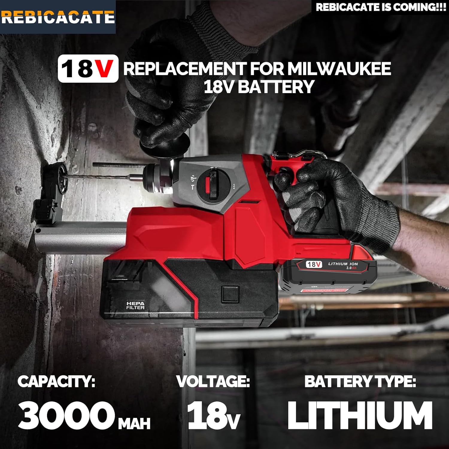 rebicacate 2-Pack 3.0Ah Lithium Battery Replacement for Milwaukee M18 Battery 48-11-1830 48-11-1850 48-11-1852, Compatible with Milwaukee 18V Battery Cordless Power Tools and Charger - Image 3