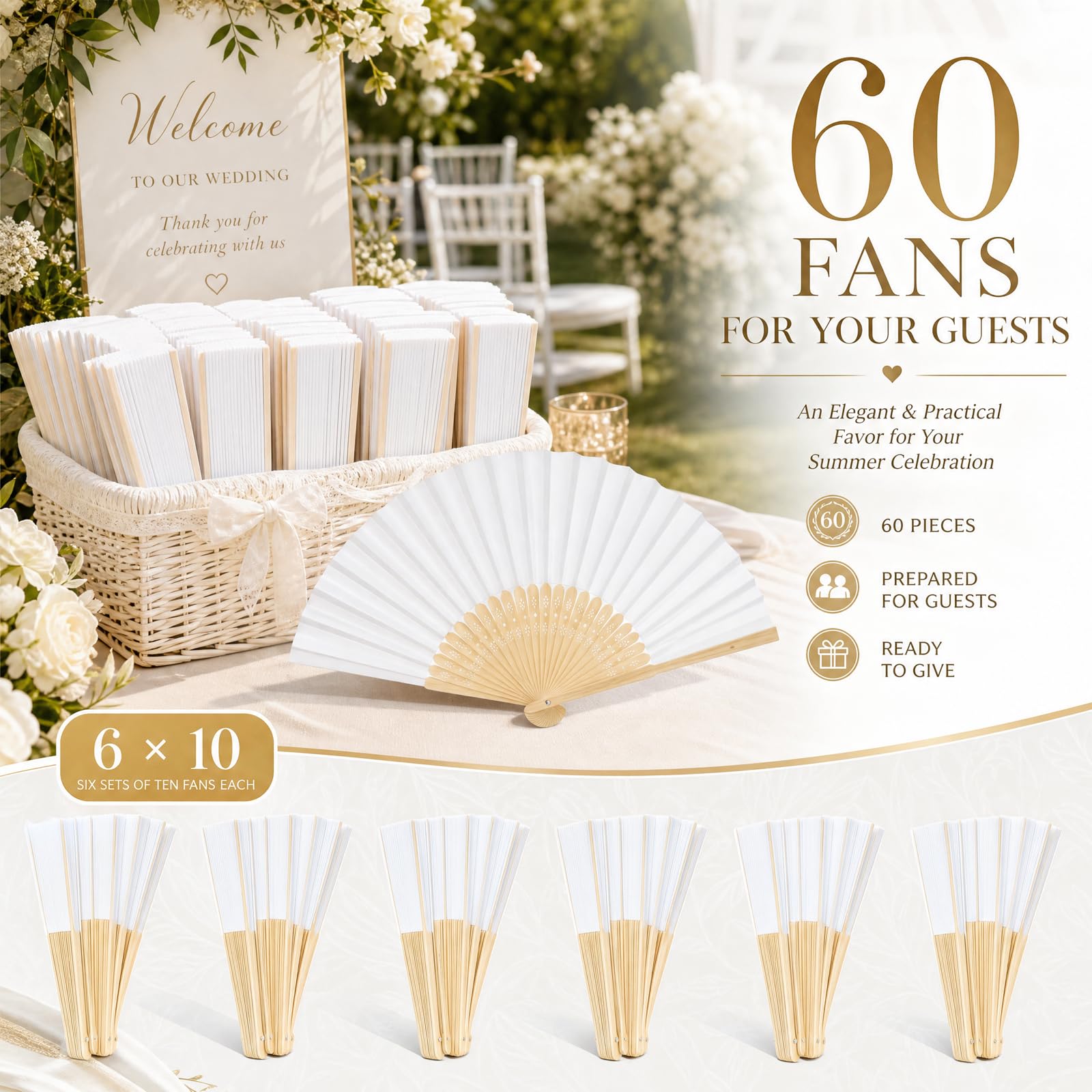 60 Stück Handfächer Hochzeit Fächer Hochzeit Weiß Gäste Geschenk Hochzeitsdeko für Geburttag Party Wanddekoration