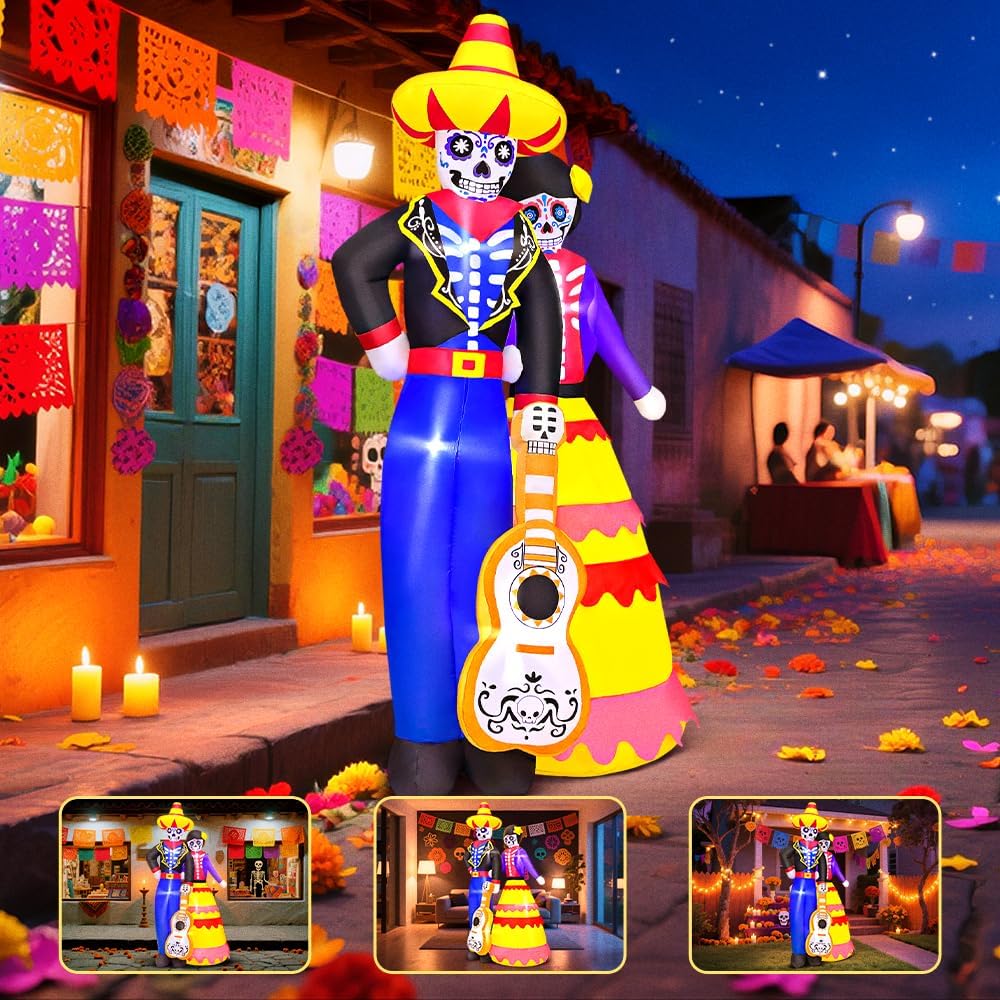 6FT Halloween Inflatable Decoration, Dia de Los Muertos Ghost Couple of The Dead Decorations, Built in LED Lights for Halloween Party, Indoor, Outdoor, Garden, Yard Lawn Décor