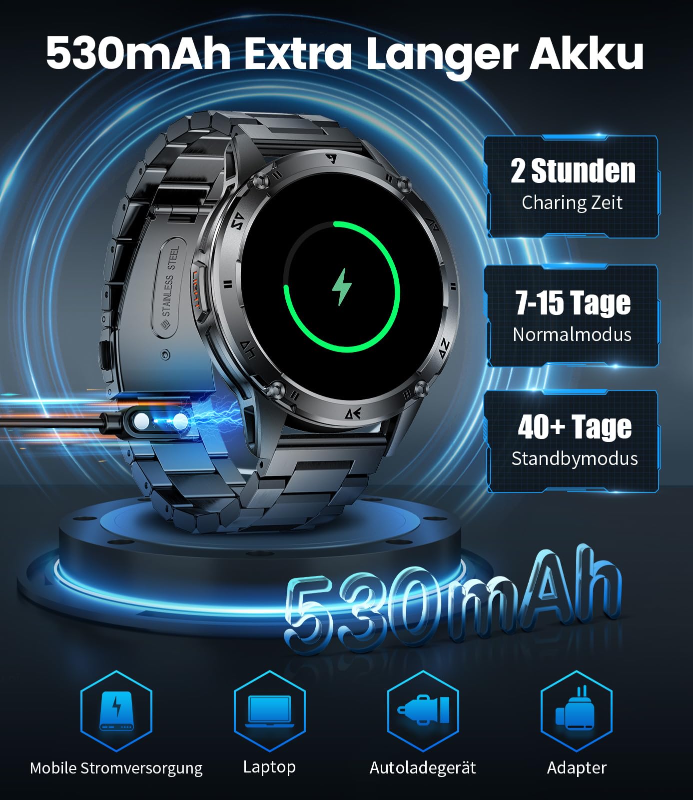 FITFLEX Smartwatch Herren Militär mit Telefonfunktion, 1,43'' AMOLED Smart Watch mit 530mAh Akku, Taschenlampe, Herzfrequenz, Schlafmonitor, 120+Sportmodi IP68 Wasserdicht Sportuhr für Android iOS