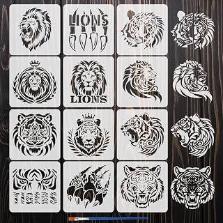 FINGERINSPIRE 12PCS Lion and Tiger Stencils for Painting with Brush 5.9x5.9 Inch Reusable Lion Tiger Head Template Hollowed Animal Paws Stencil Plastic Animal Theme Template for Wall Floor Decoration