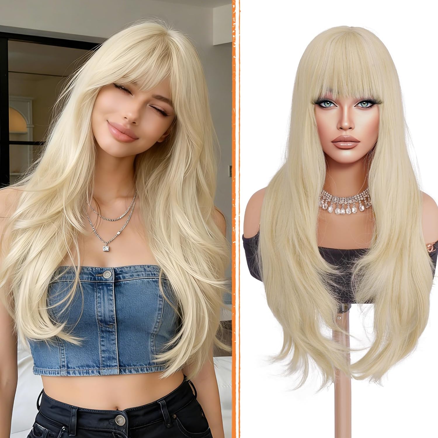 Haloo Blonde Brown Wigs with Bangs - Long Layered Natural Looking Synthetic Heat Resistant Wavy Hair Wigs for Women Daily Party, 26 Inch Blonde Mixed Brown
