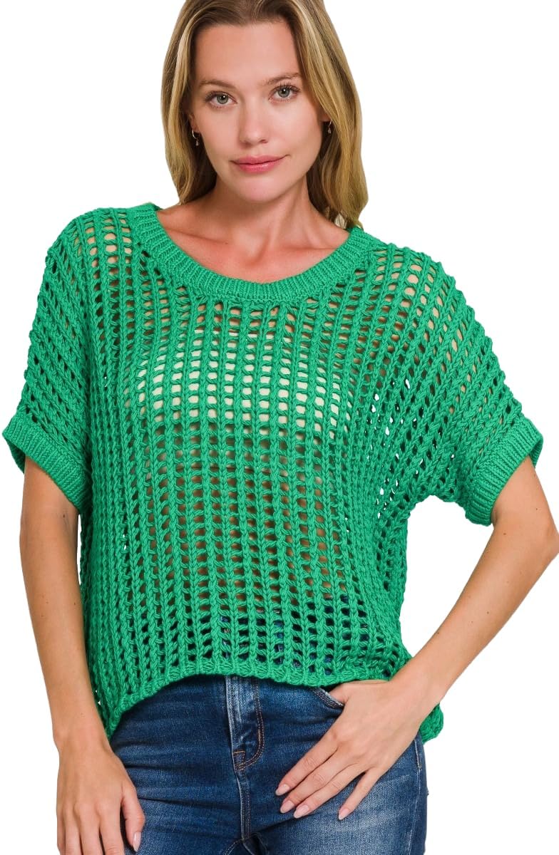 Fish Net Short Sleeve Crochet Knit Cover Up