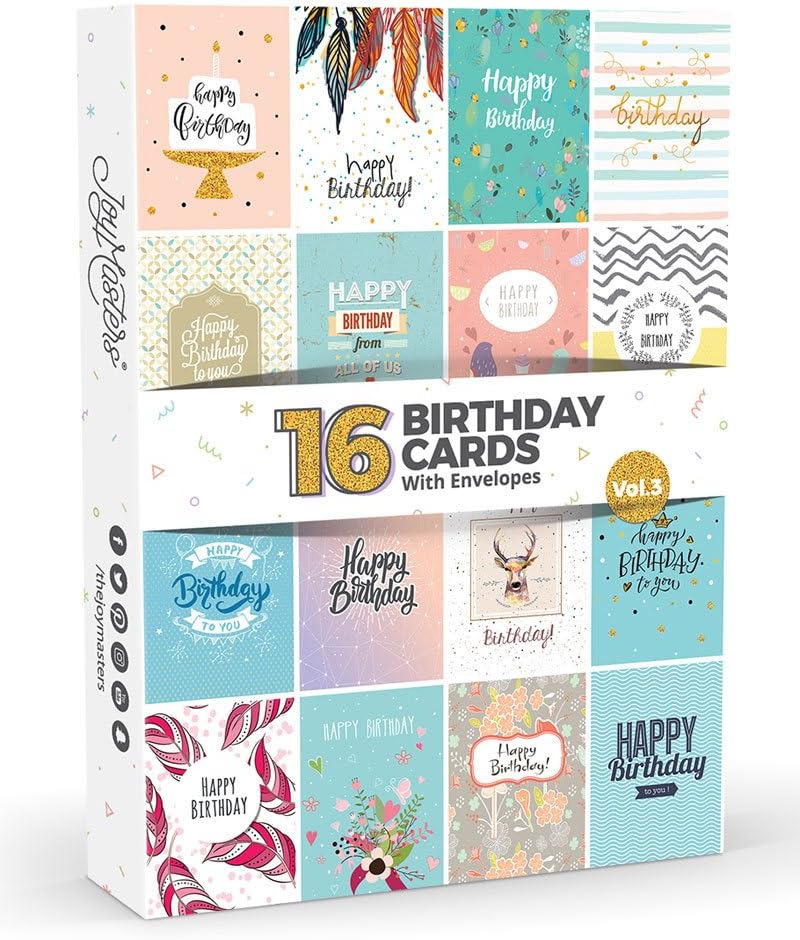 16 x Birthday Cards by Joy Masters™ Vol.3 | Boxed Multipack with White Envelopes | Great Value Set for Men & Woman