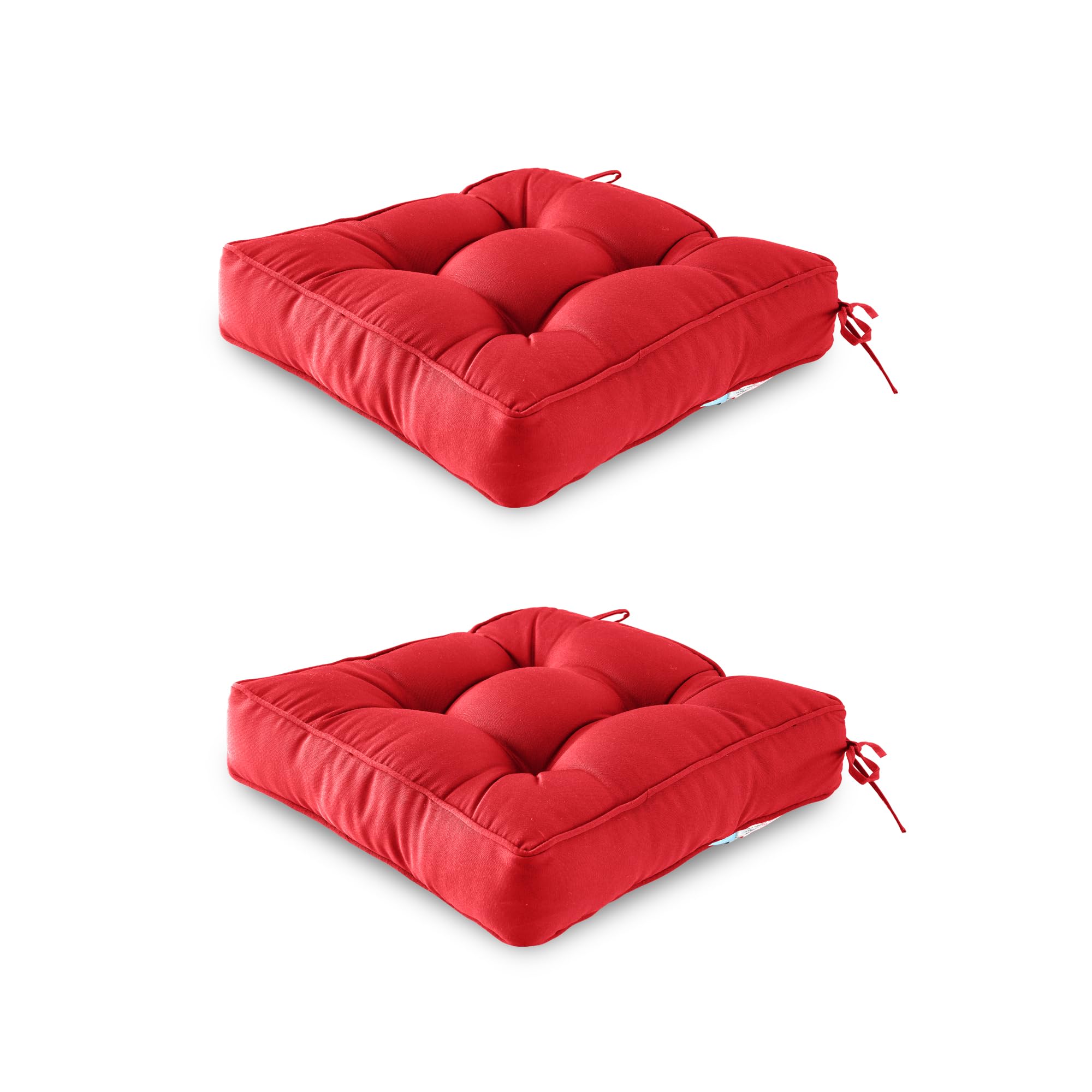 ARTPLAN Outdoor Seat Cushion,Square Thick Tufted Pure Chair Cushion for Patio Wicker Chair with Tie,Set of 2,19"x19"x5",Red