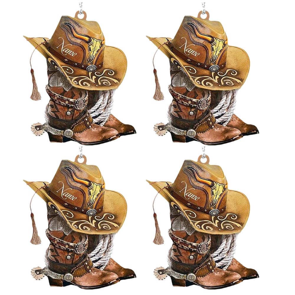 Jinshining Brown, White 4 Pcs Cowboy Boots Hanging Ornament For Christmas Tree, Cowboy Boots And Hat Car Rearview Mirror Accessories Xmas Decor Personalized Cowboy Boots And Hats Flat Acrylic Car Hanging (Single-Sides)