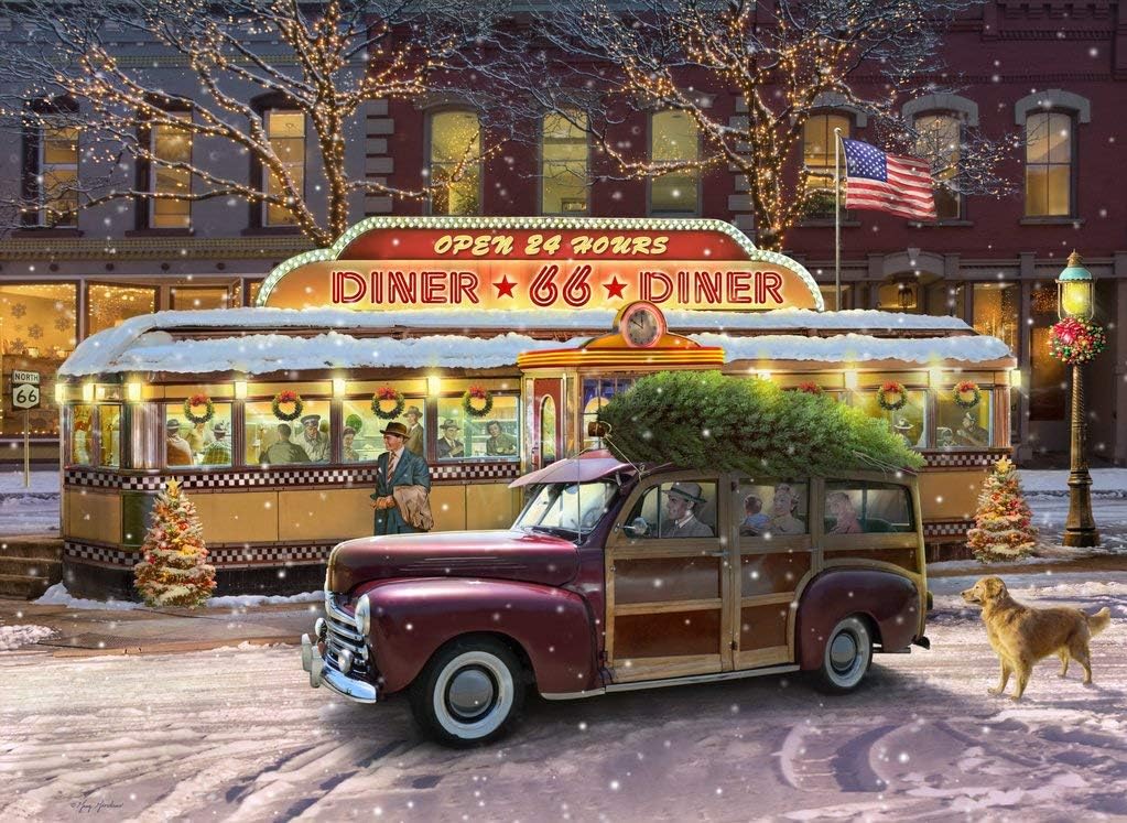 Wooden Jigsaw Puzzle for Adults - Christmas On Route 66 by Greg Giordano - 318 Pieces. Made in USA by Nautilus Puzzles