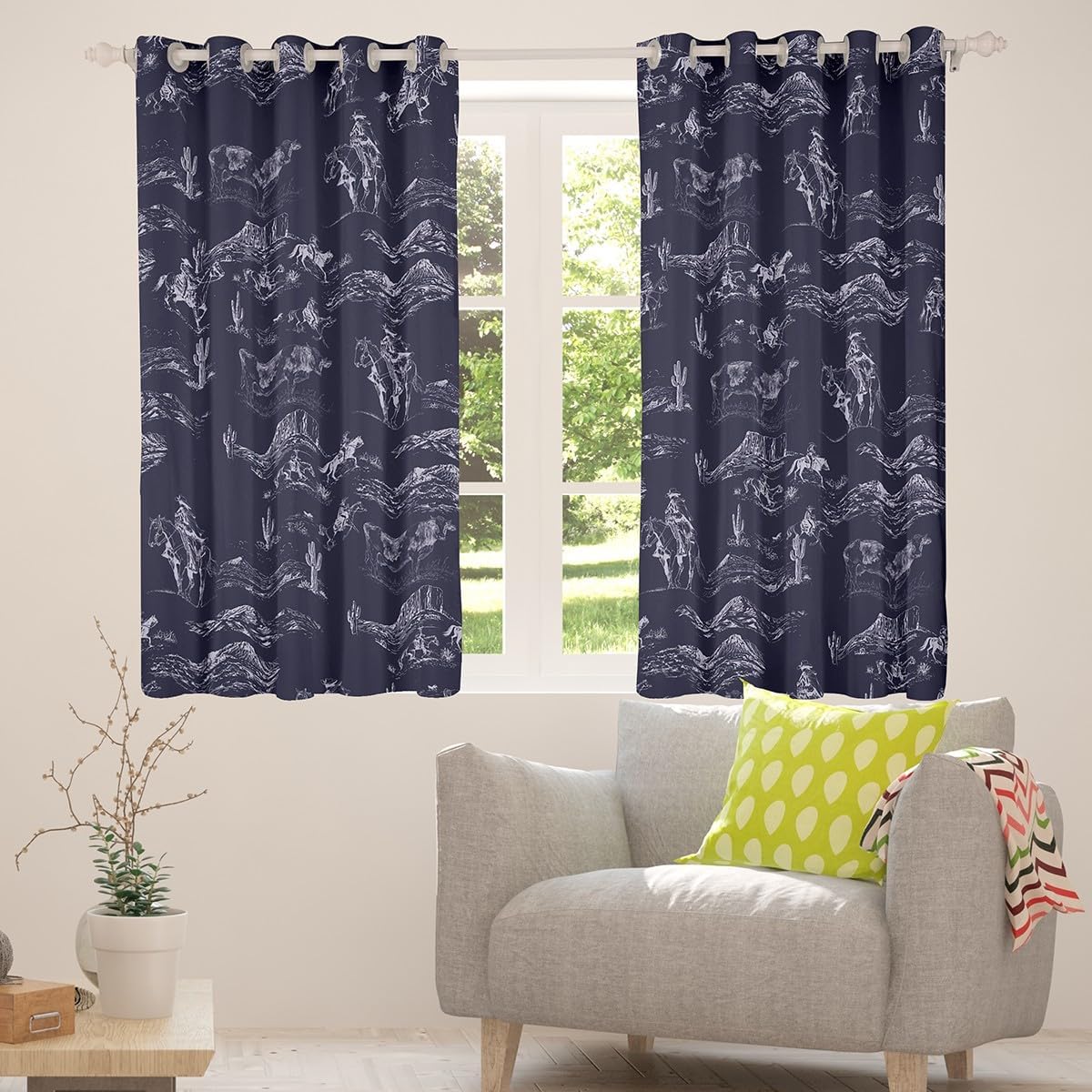 Kids Wild West Cowboy Curtains for Bedroom Living Room (2 Panels, 38 x 45 Inch) Western Decor Darkening Dreapes Boys Girls Teens Decor Rodeo Cowboy Style Blackout Curtains Blue Window Treatments