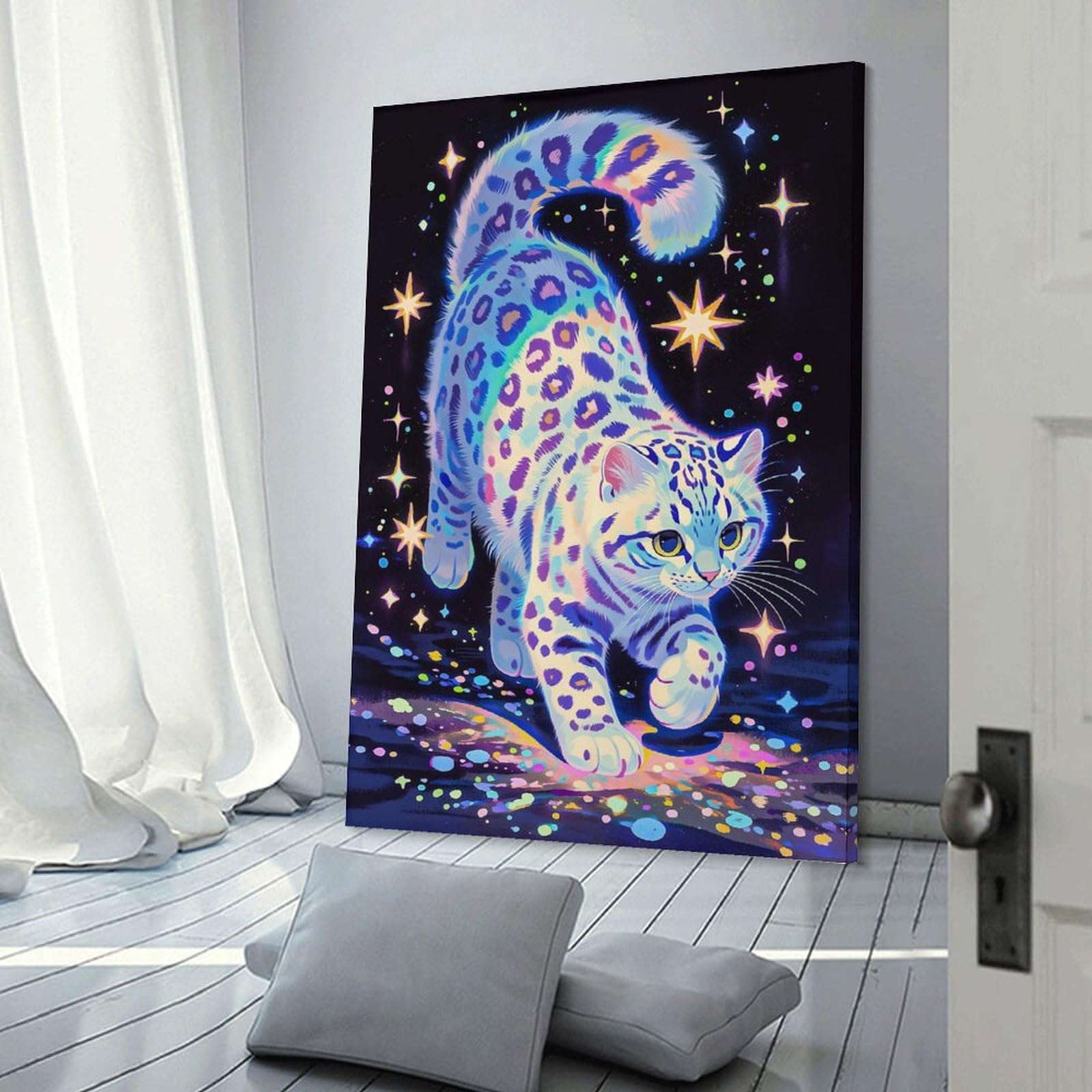 Junmoney Frame-Style-20 Rainbow Snow Leopard In Starry Night Wall Art Print, 12X18inch(30X45cm), For Living Room, Bedroom, Office Or Hallway, A Flexible Wall Accent For Shared Spaces