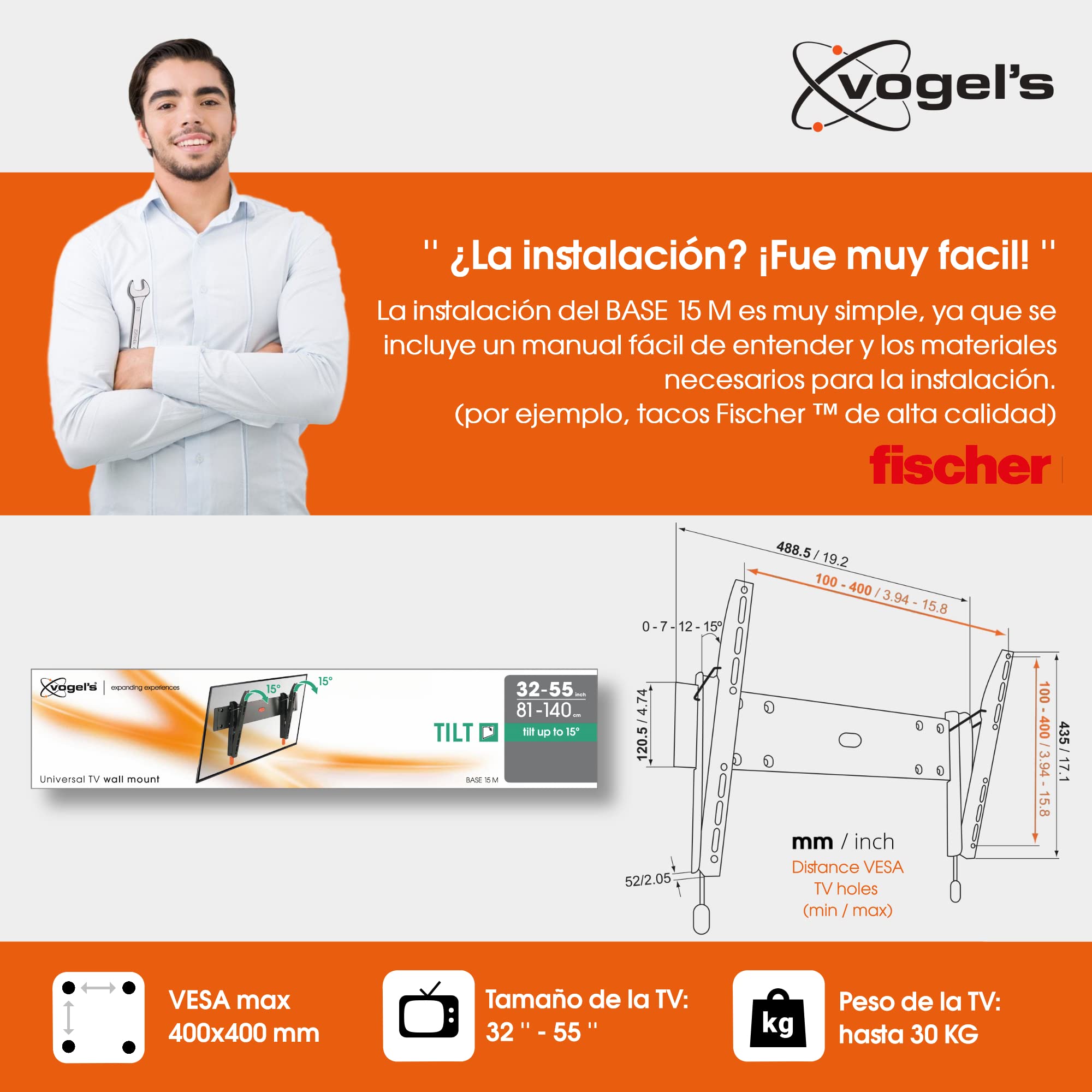 Vogel's Base 15 M Soporte de Pared para TV, Inclinable, para televisores de Entre 32-55 Pulgadas (81-140 cm), VESA Máx. 400x400, Carga Máx. 30 kg, Certificación TÜV