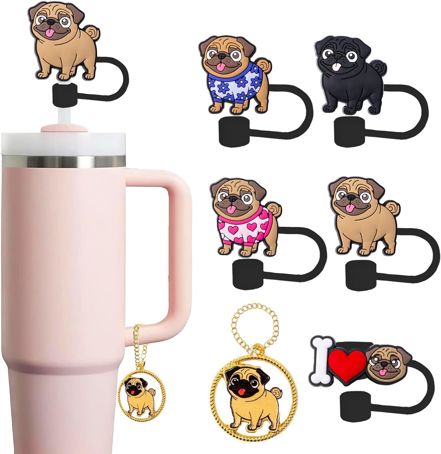 Pug Straw Topper, 10mm (0.4in) Cute Dog Straw Topper, Covers for Stanley Cup - Pug Accessories, Decor, Stuff, Things, Birthday Decoration, Gifts for Lovers, Women, Kids, Girls