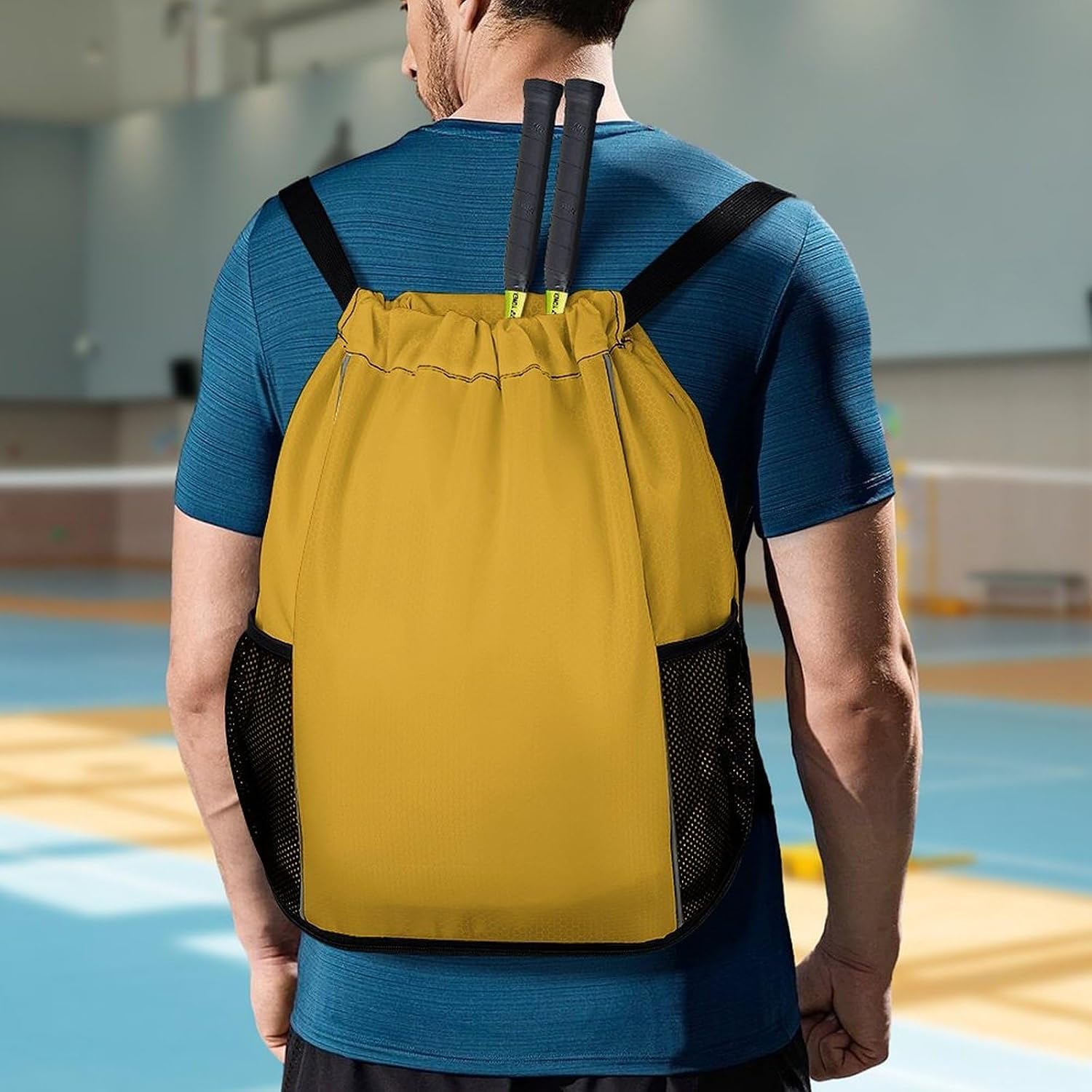 Natural Yellow Drawstring Backpack with Wet Pocket - Large Capacity Gym Bag with Shoe Compartment & Mesh Pockets, Adjustable Lightweight Gym Backpack for Swimming, Travel, Workout