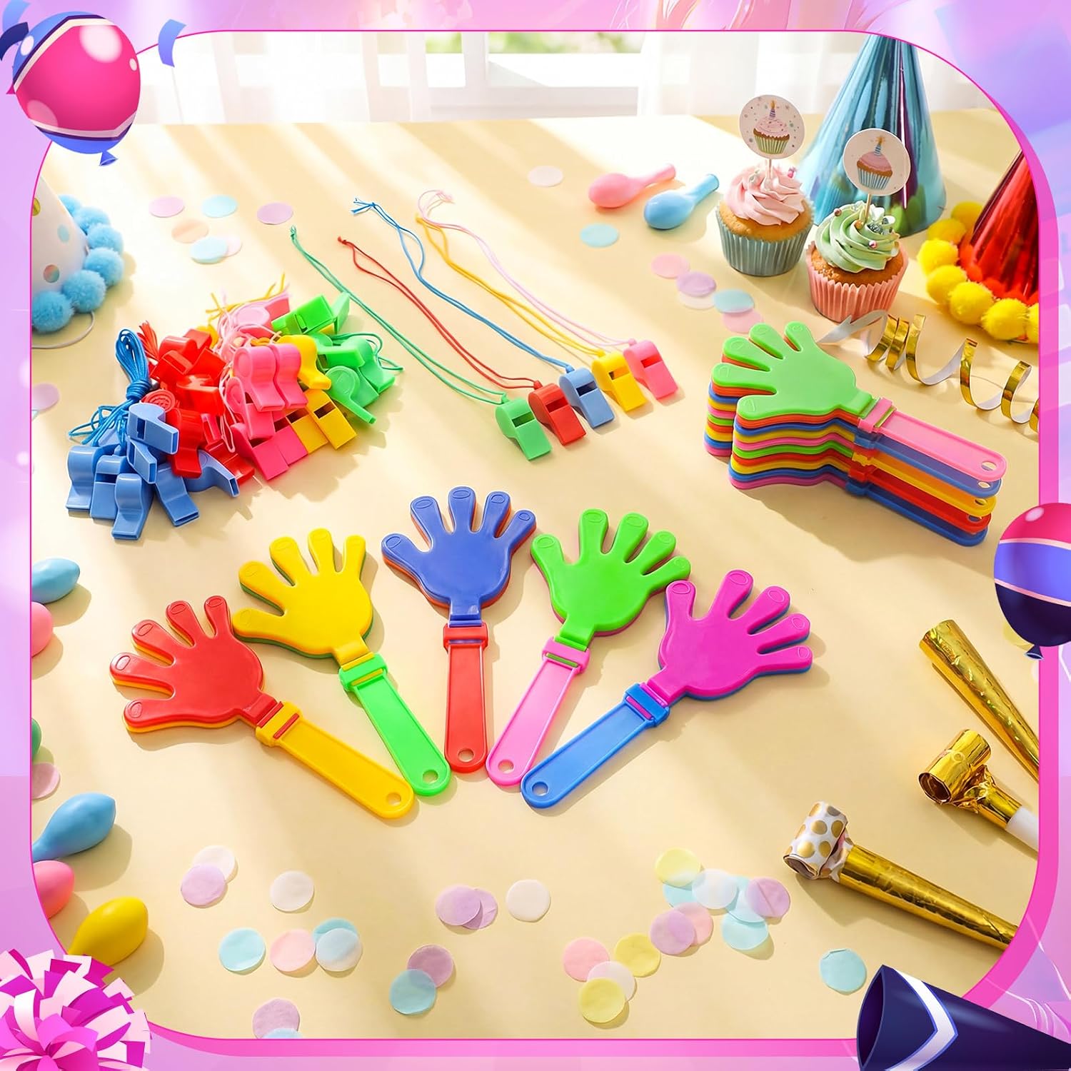 Junkin 160 Hand Clappers and Whistles Bulk, 80 7.5 Inch Plastic Clappers Noisemakers and 80 Colorful Whistles Party Favors for Sporting Events Fiesta Birthday Celebrations Cheers Supplies