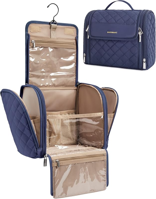 Necessaire BAGSMART azul-marinho com gancho giratório e compartimentos transparentes