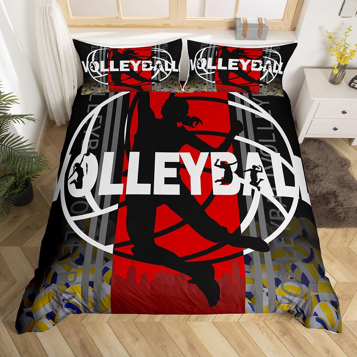 Homewish Girls Volleyball Duvet Cover Double,Sports Themed Bedding Set for Kids Teens Bedroom Decor,Red and Black Volleyball Bed Set Ball Games Duvet Cover 3Pcs (No Comforter)