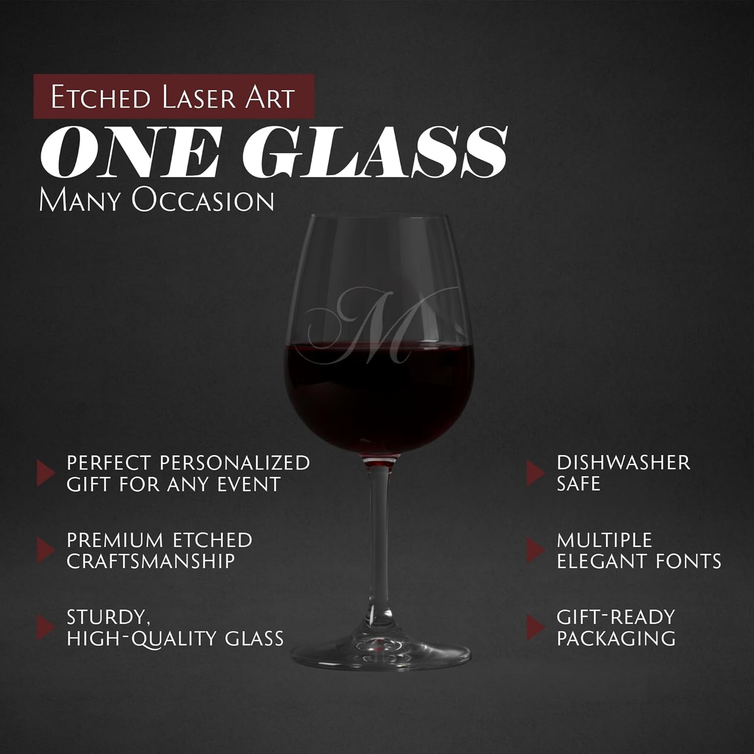 Etched Laser Art Chopin Script Font Etched Monogrammed Wine Glasses - Personalized Initial Wine Glass, Gifts for Birthday, Wedding, Housewarming & Other Occasions, All Purpose - Letter M, 12.75 oz