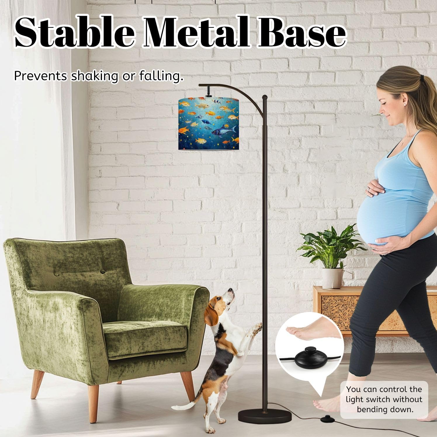 Arc Floor Lamp Ocean Sea Fish Navy Blue Marine Colorful Fishes Bright Oranges Oil Dimmable Modern Standing Lamp with Remote Adjustable Drum Shade Footswitch Tall Pole Lamp for Living Room Bedroom