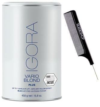 Sleekshop Comb + Schwarzkapf IGORA VARIO BLOND PLUS, Blue Dust-Free Lightener, Blonde Lightening Powder, 2023-2024 Version w/ Sleek Premium Carbon Teasing Anti-Yellow Effect Hair Bleach Vario Blond Plus 15.8 oz