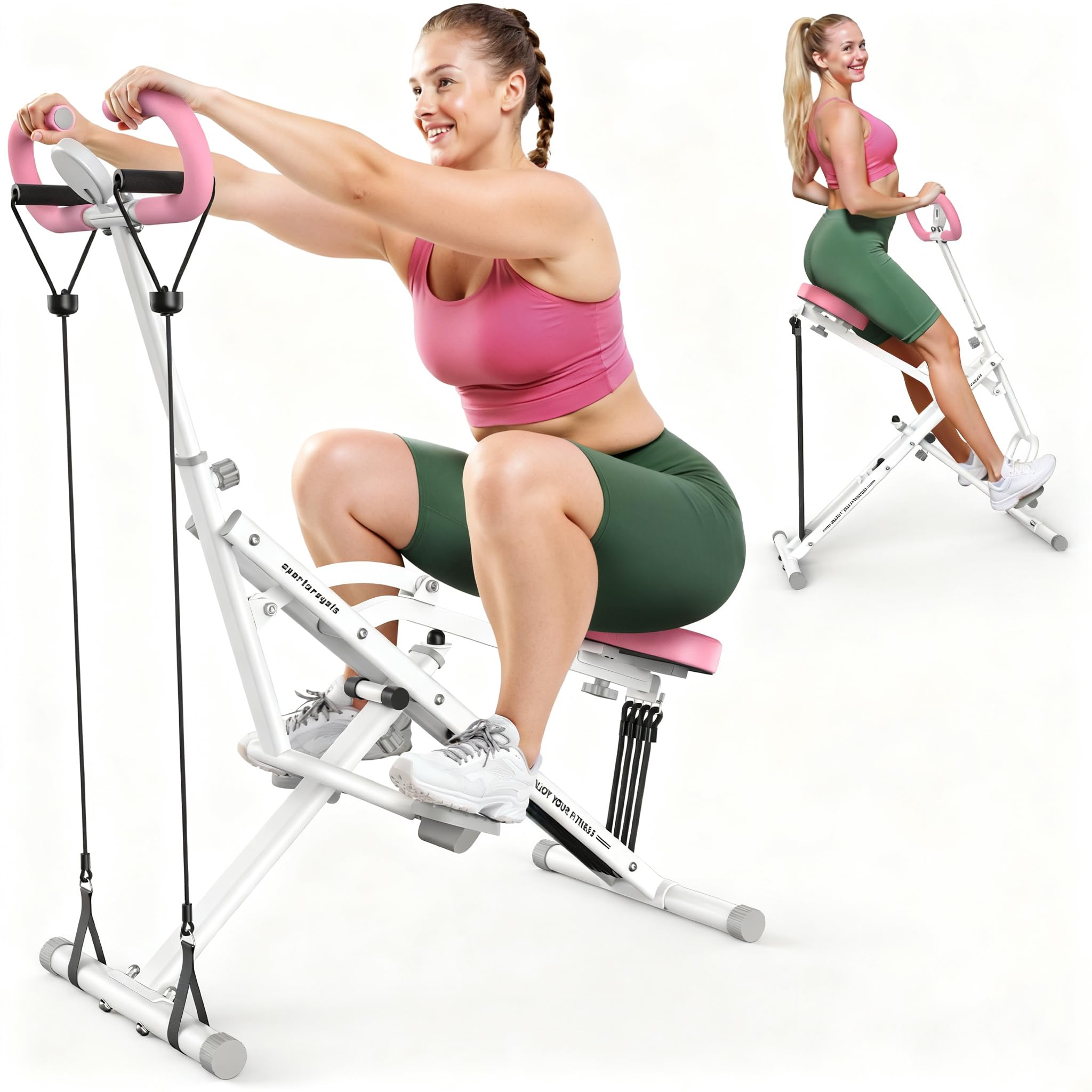 Sportsroyals Pink Squat Machine for Home,Rodeo Core Exercise Machine,330lbs Foldable,Adjustable 4 Resistance Bands,Ride & Rowing Machine for Botty Glutes Butt Thighs,Ab Back/Leg Press Hip Thrust
