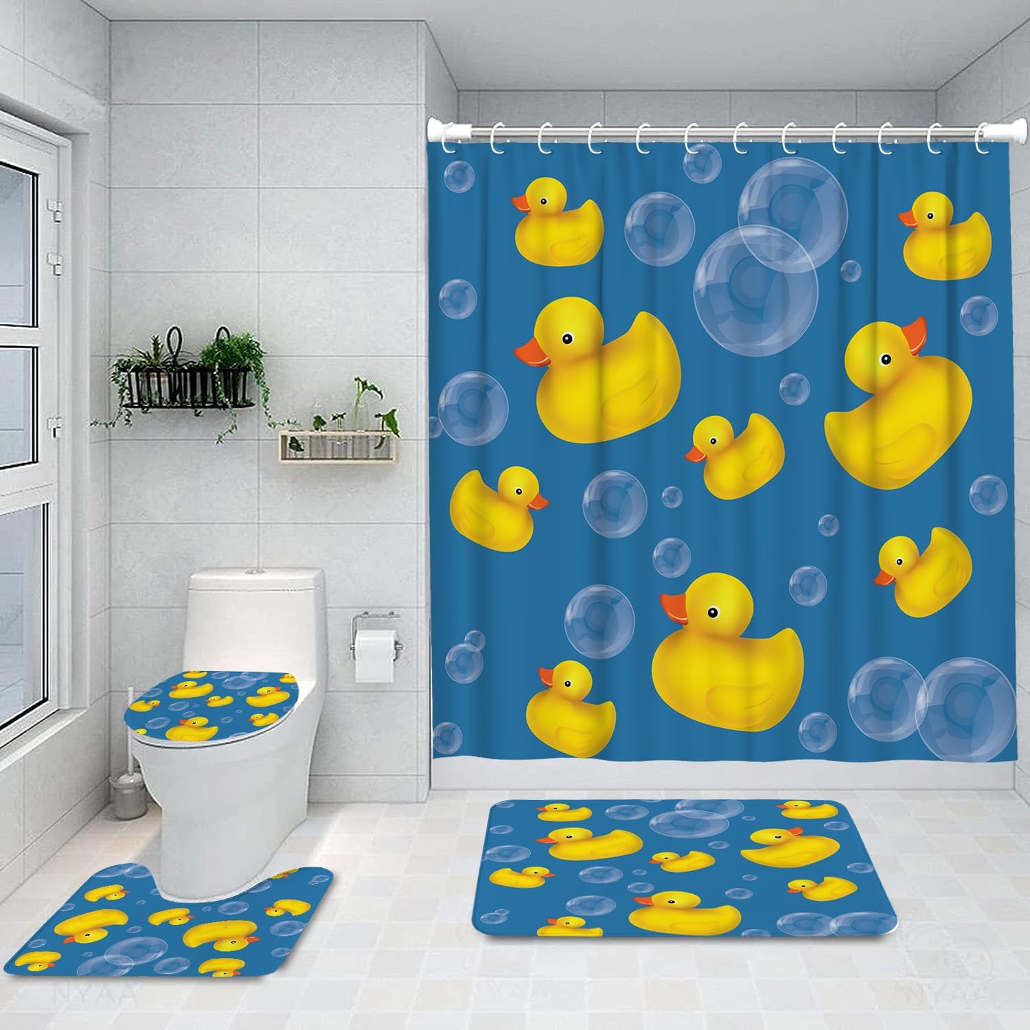 Ansouyi 4Pcs Bathroom Shower Curtain Sets with Non-Slip Rugs, Toilet Lid Cover and Bath Mat, Soap Bubbles Ducks on Blue Durable Waterproof Shower Curtain for Bathroom Set, 72x72 Inch