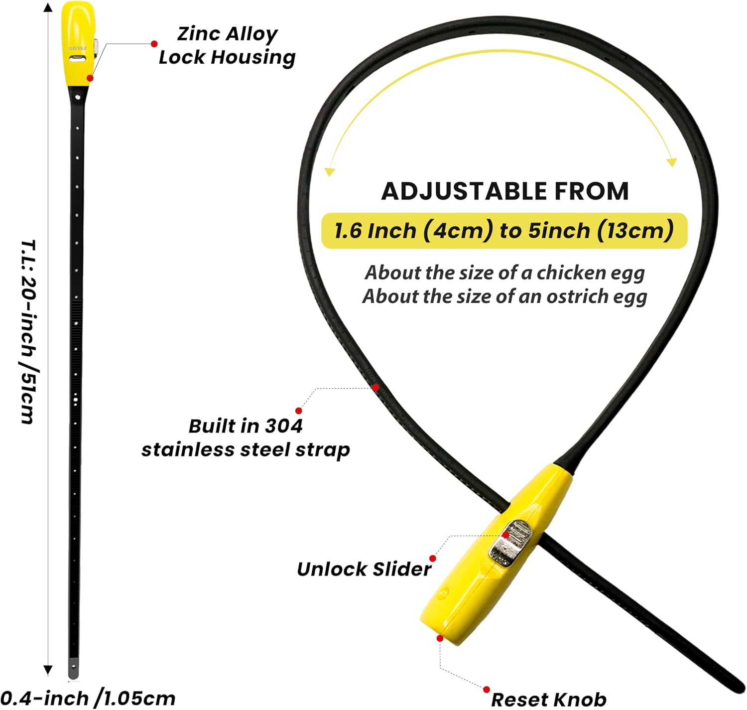 Zip Tie Lock — 3 Universal Keys, 30-Inch Adjustable Bike Lock (1 Pack, Yellow)