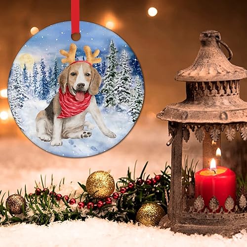 Miniatura 3 de Adornos colgantes de árbol de Navidad para perro, cuernos de reno rojo, adornos redondos de cerámica para decoraciones de Navidad, decoraciones de