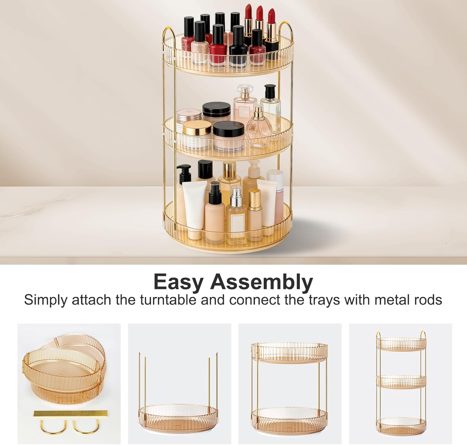 360 Rotating Makeup Organizer for Vanity, 3 Tier Perfume Skincare Organizers and Storage for Bathroom Countertop, Large Capacity Clear Spinning Counter Cosmetic Holder for Dresser, Amber Gold
