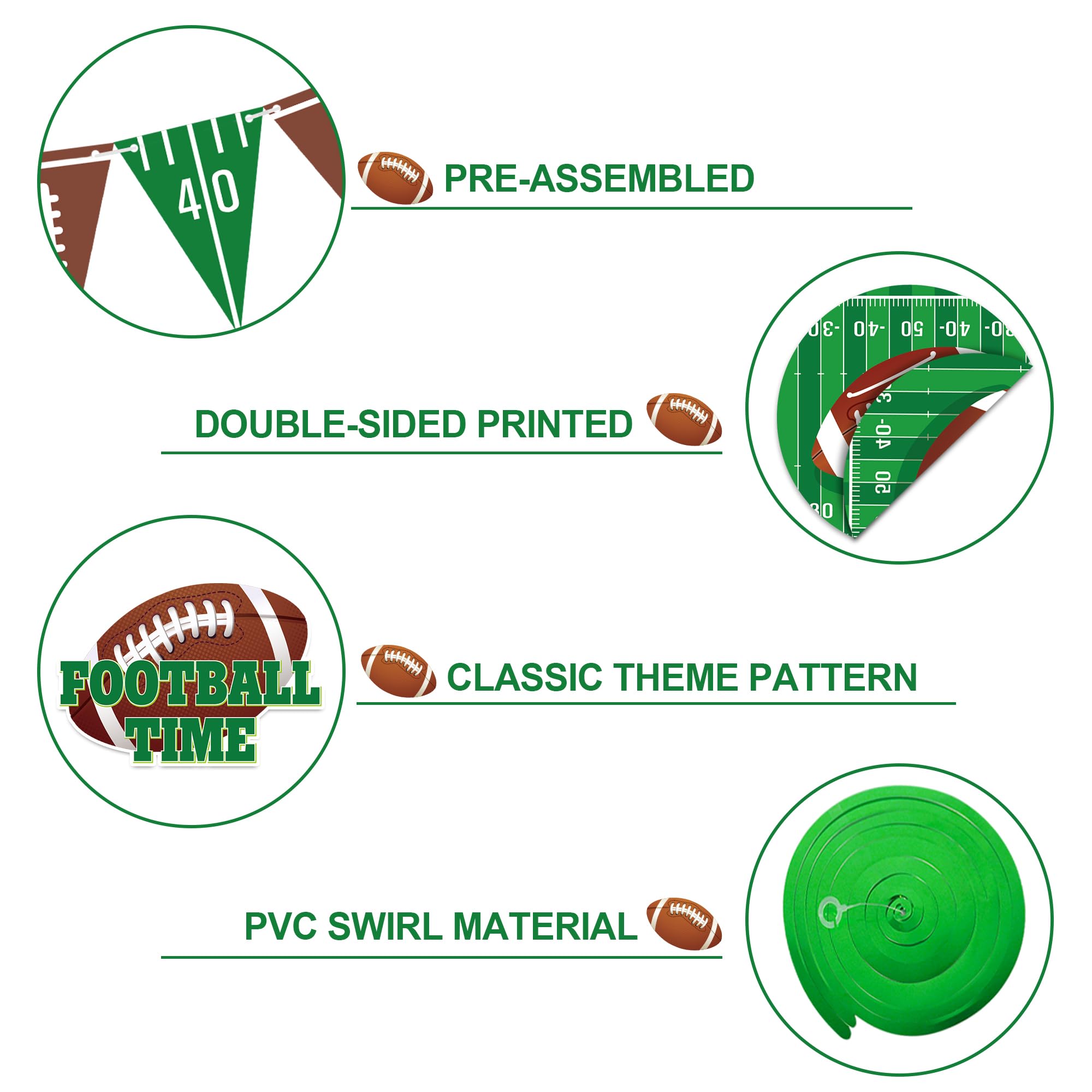 Football Party Decorations Set - 2 Pennant Banners & 9 Hanging Swirls For Super Bowl & Game Day