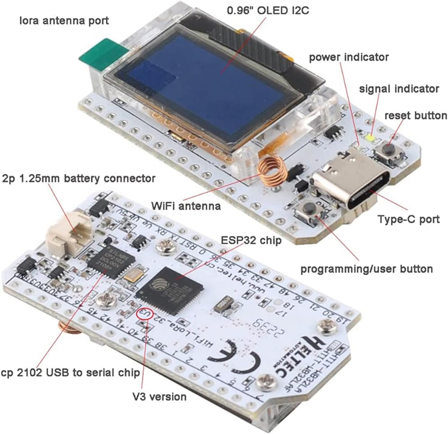 2 Sets Esp32 Lora V3 915mhz WiFi+BLE Development Board Kit 0.96inch OLED Display SX1262 + Lora V3 case +824-960MHz Antenna for Meshtastic IoT Arduino Intelligent Scenes