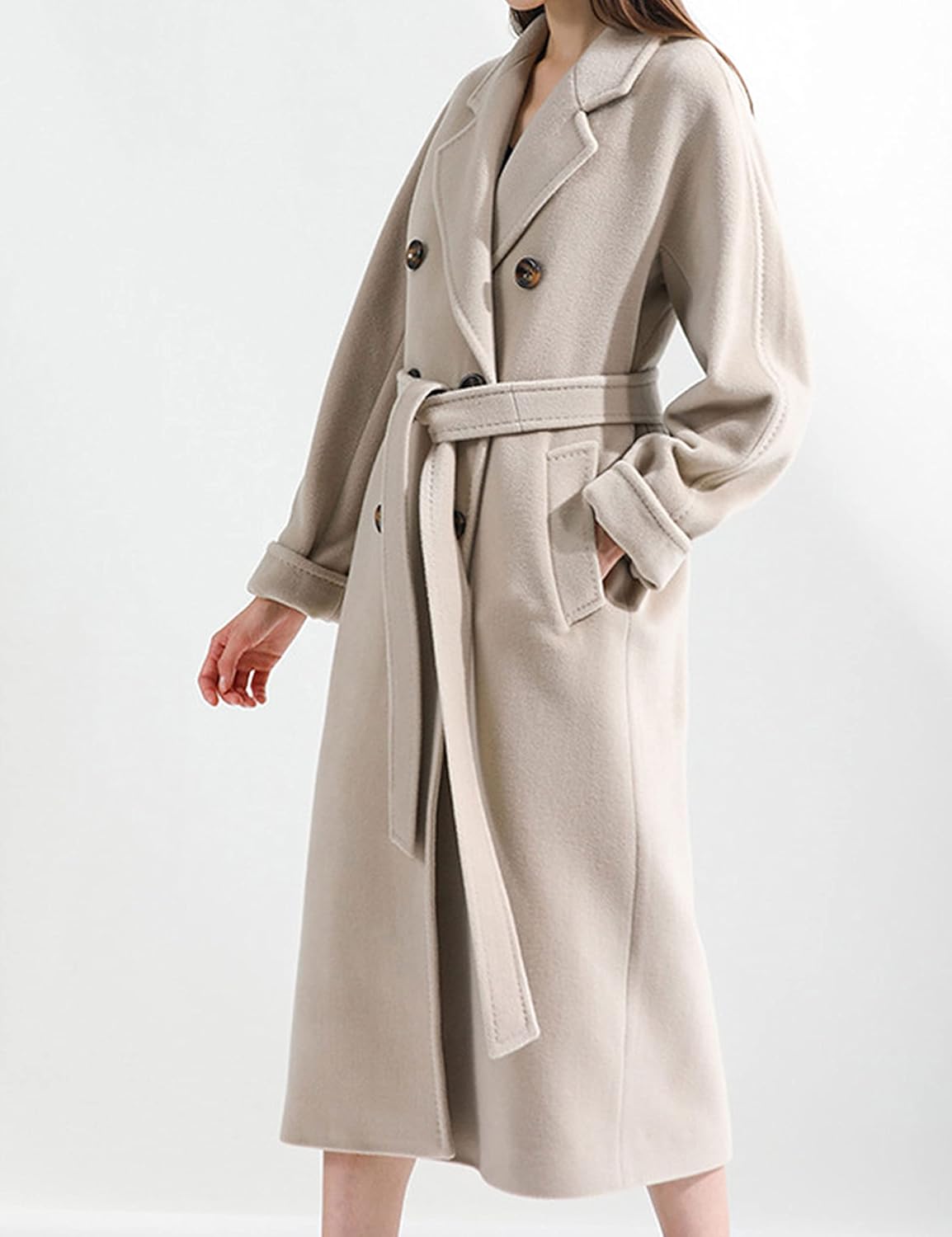 Himosyber Women Wool Blend Pea Coat Camel Notched Collar Double Breasted Outerwear Jacket - Image 4