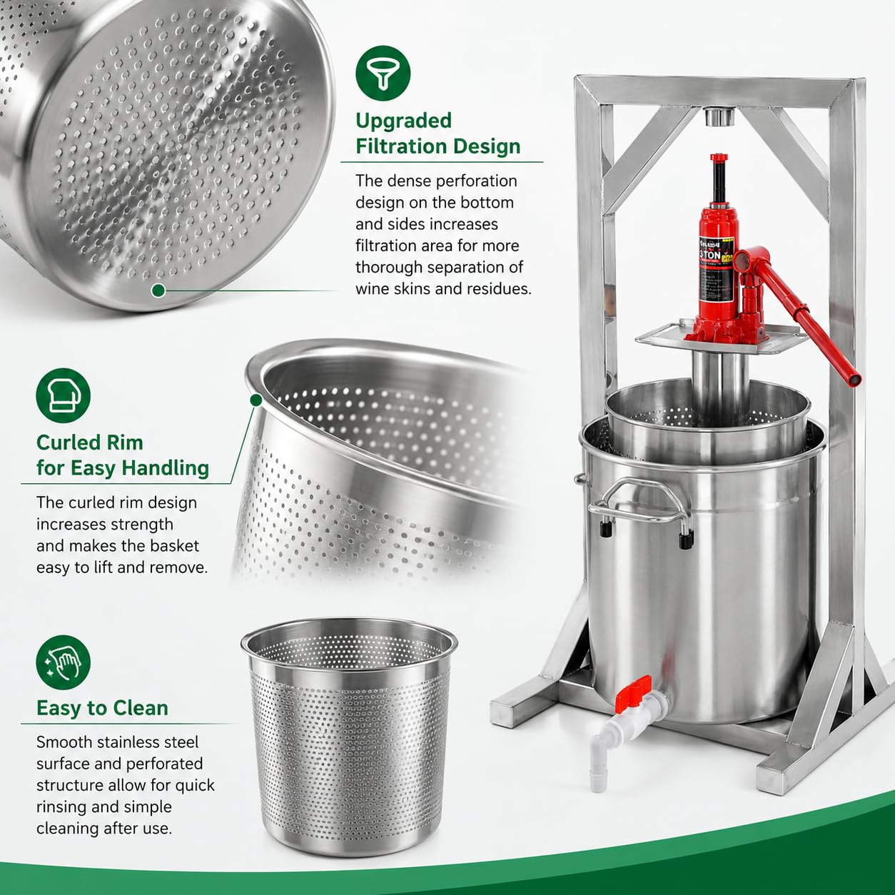 Manuelle Hydraulische Obstpresse aus Edelstahl für Apfelwein und Wein, effizientes Entsaftwerkzeug, ideal für den Heimgebrauch, 12L, 22L, 36L