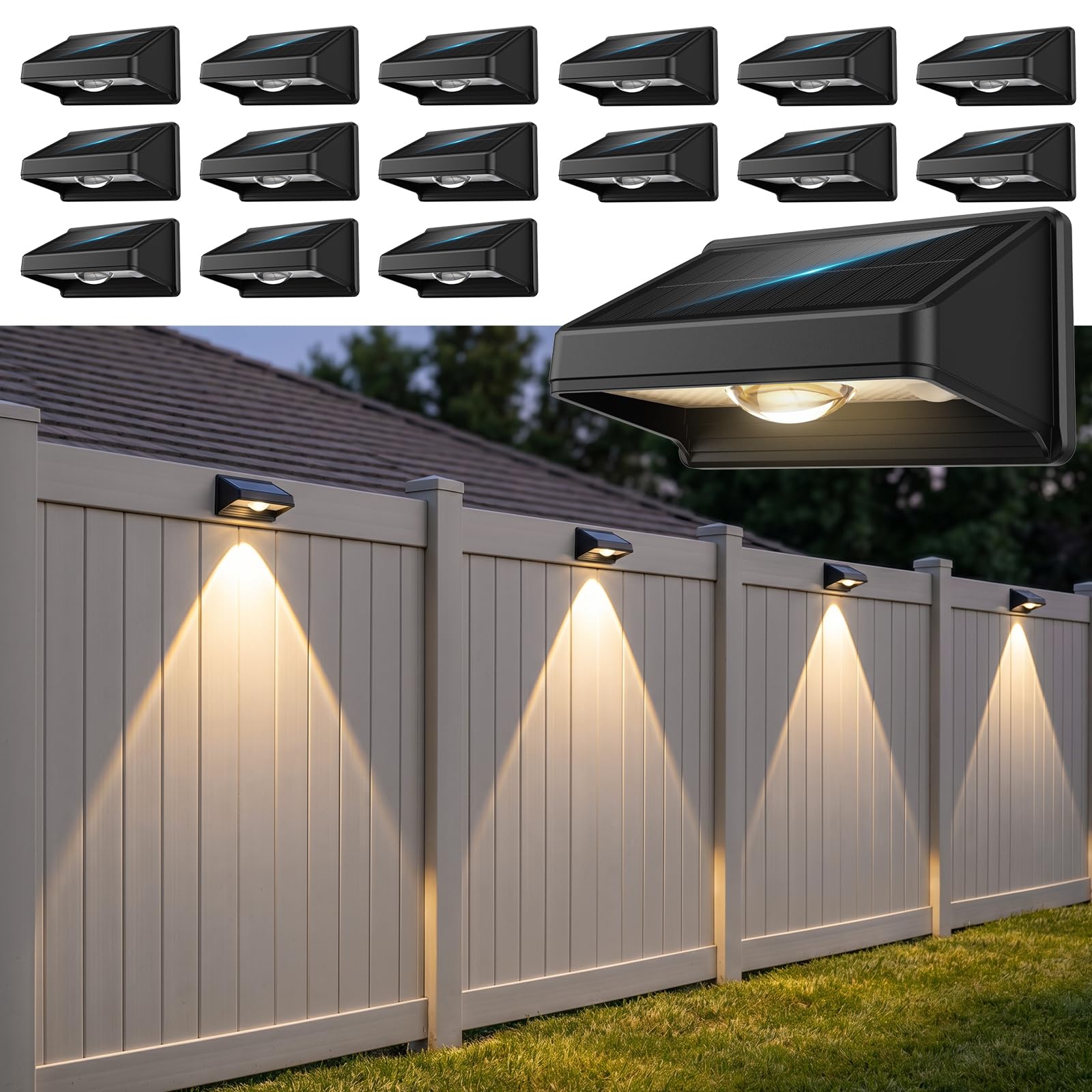 16Pack Solar Fence Lights Outdoor,3000/4000/6000K 3 Mode Fence Light Solar Powered with Ultra-Bright LED Lens, IP65 Waterproof, Solar Lights for Fence, Backyard, Railing, Patio, Wall, Step, Deck