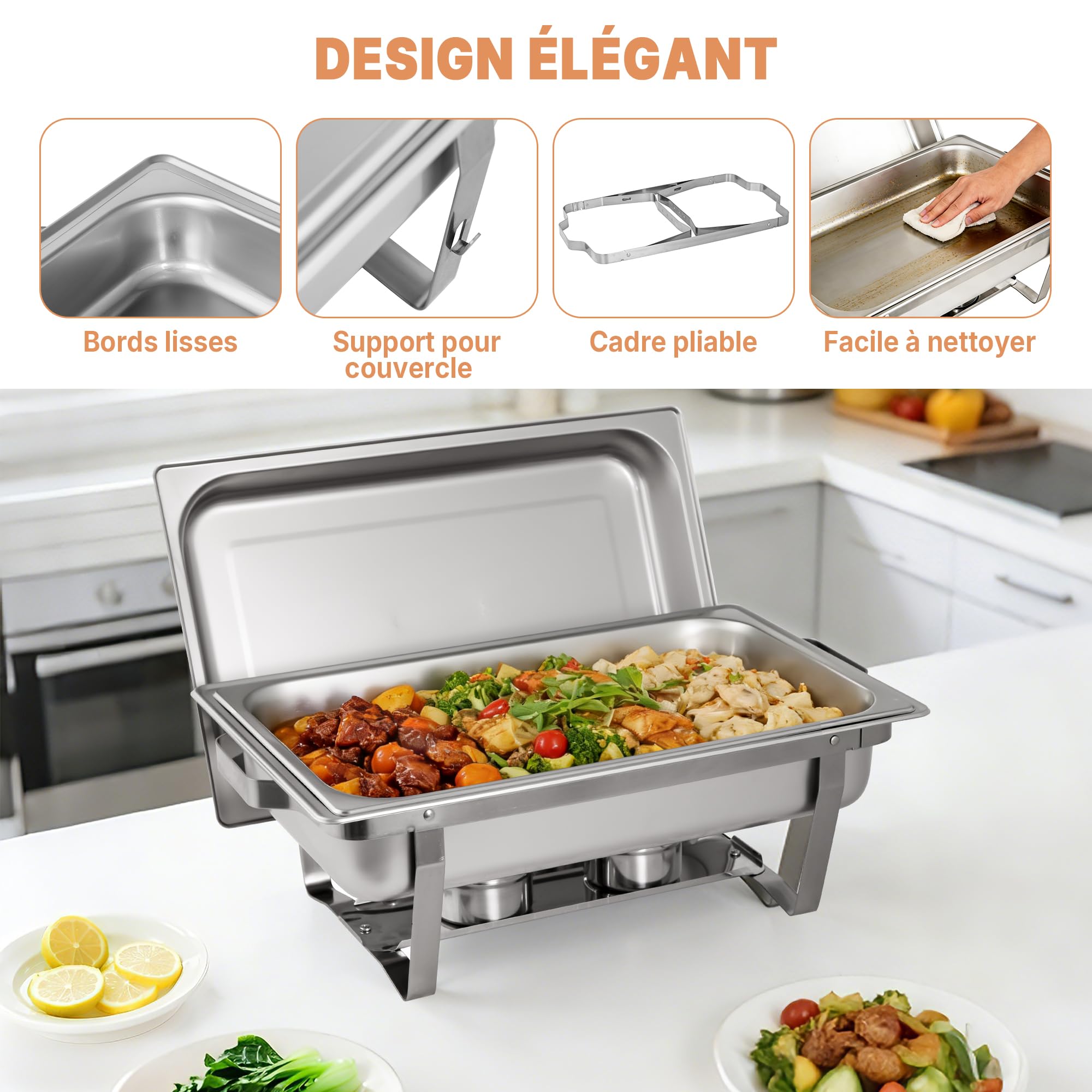 Hakka Lot de 4 Chafing Dish Rectangulaire Buffets Chauffants 9,5L chauffe-plats professionnel avec 4 bacs, chauffe-plats en acier inoxydable avec couvercle, réservoir à combustible, cadre pliable, pou