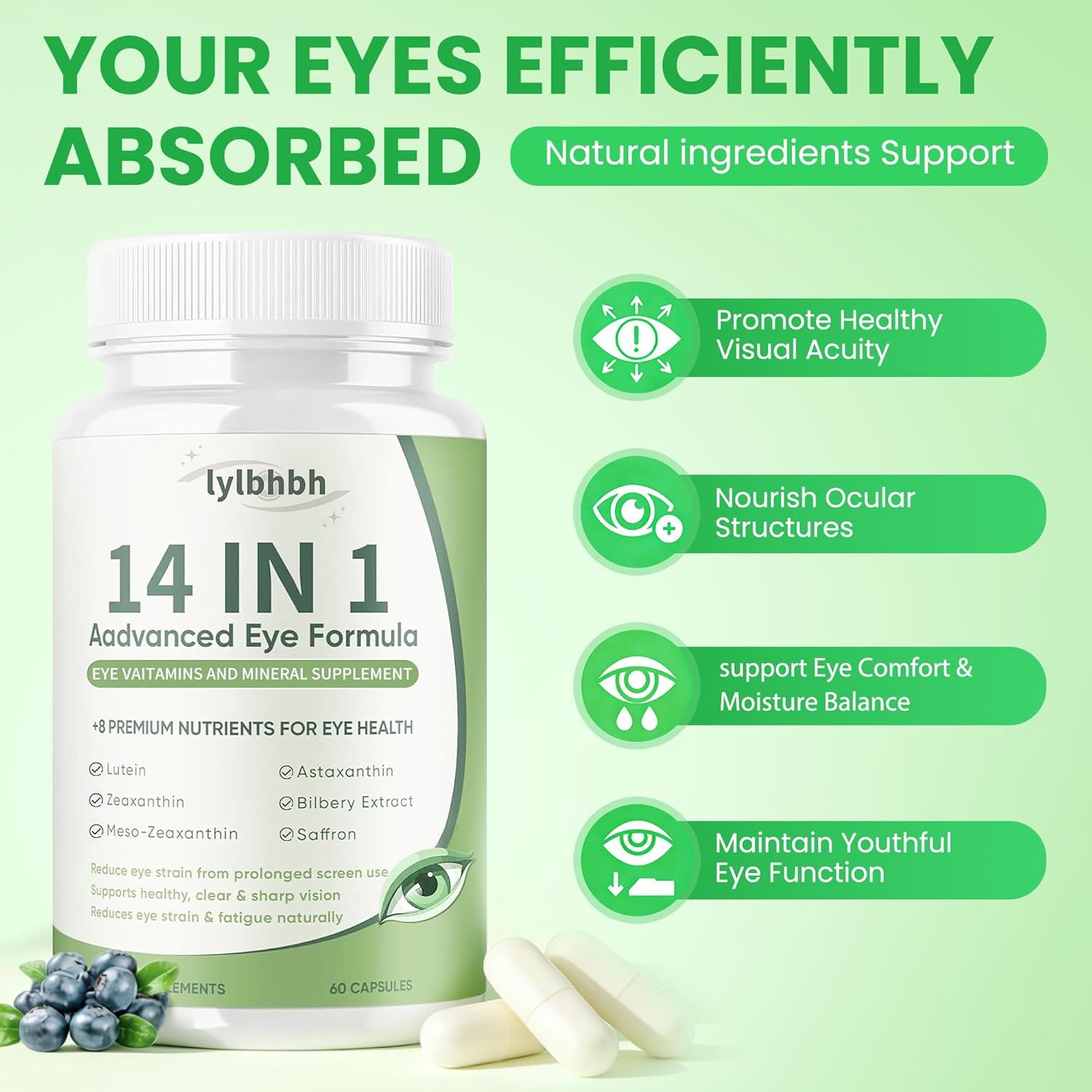 14 in 1 Advanced Eye Formula, Eye Supplement with Lutein, Zeaxanthin, Vision & Focus, Suitable for Adults and Seniors, 60 Capsules