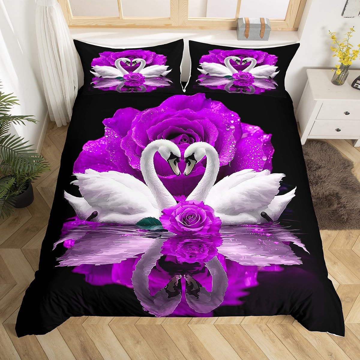 White Swan Bedding Set Purple Rose Duvet Cover King Size,Birds Wildlife Comforter Cover Romantic Flowers Wildlife King Bed Set Couple Bedroom Decor for Adult Lady Man, Wedding Festival Party Decor