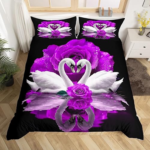 Juego de ropa de cama de rosa morada, funda de edredón de cisne blanco y negro, funda de edredón de pájaros marinos, funda de edredón romántica
