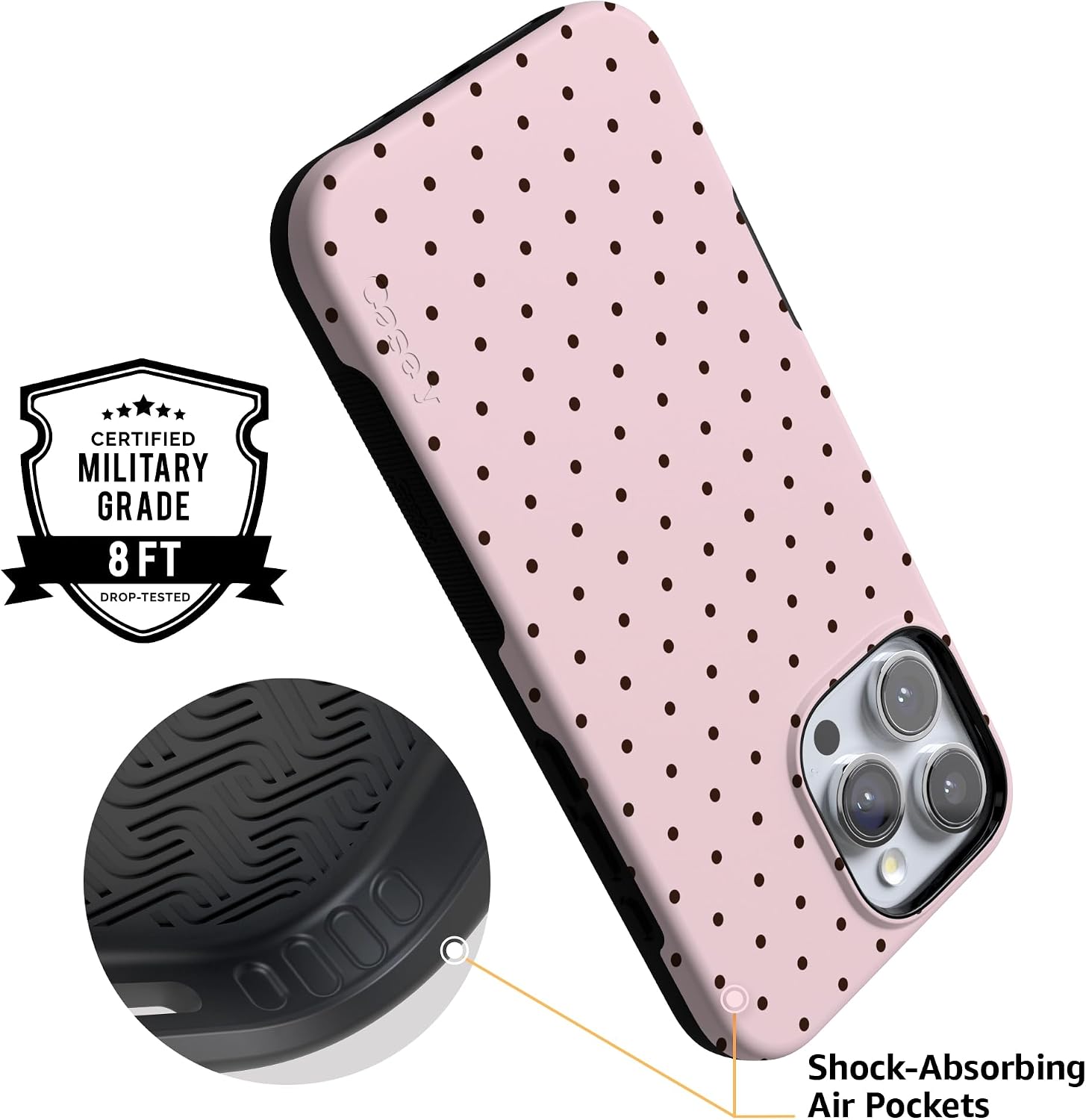 Casely iPhone 16 Pro Case | On the Dot | Pink & Brown Polka Dot | Bold Protective Design | Compatible with MagSafe