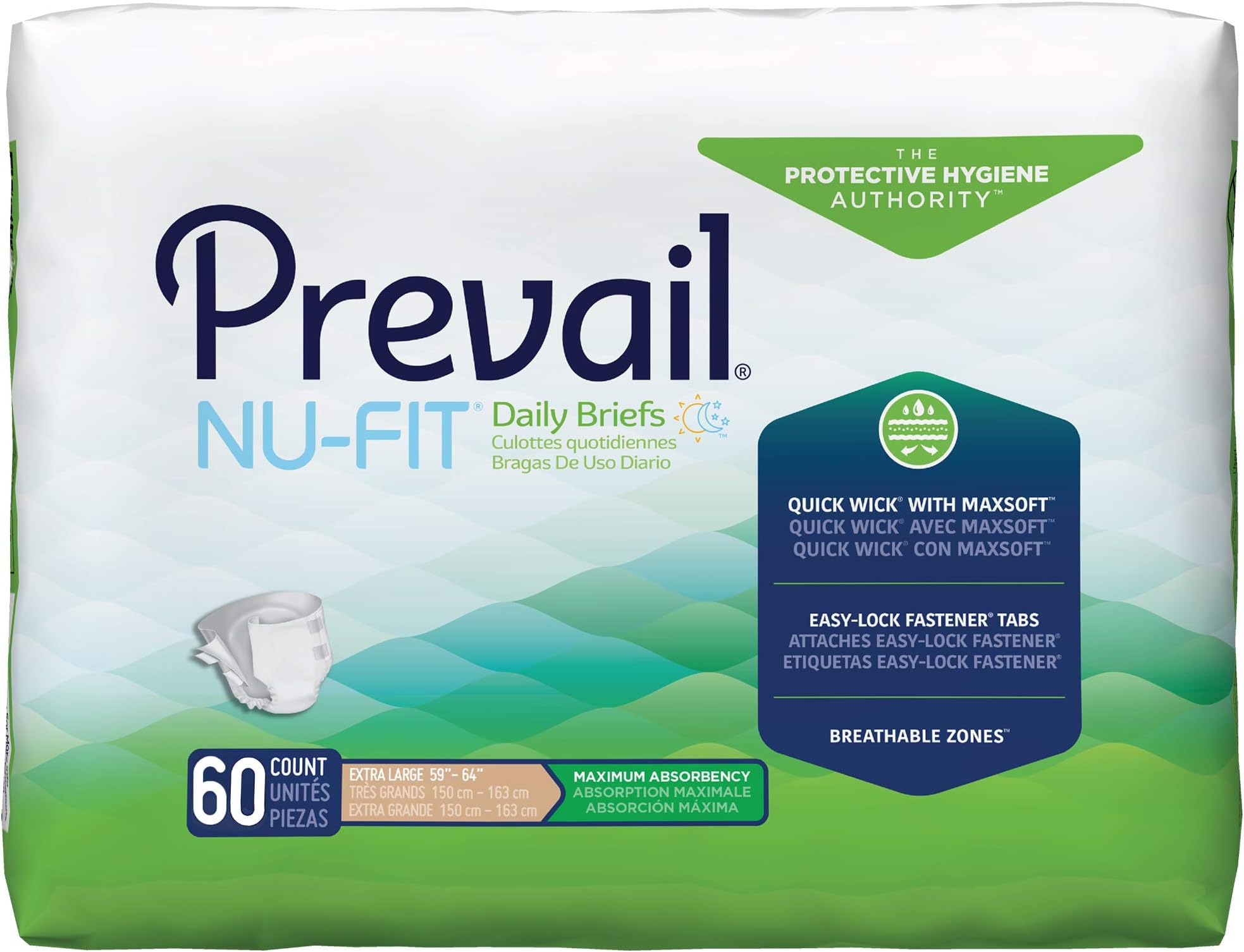 Prevail Nu-FIT Maximum Absorbency Incontinence Briefs, Extra Large, 60 Count