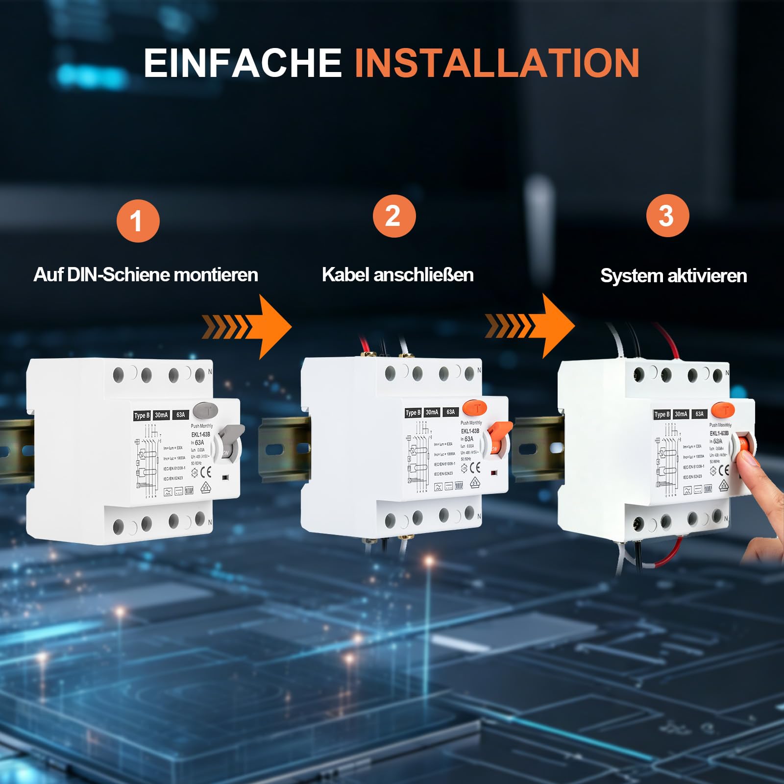 FI Schutzschalter Typ B 63A 30mA 4-polig, Allstromsensitiver RCD für Wallbox & Ladestation, Fehlerstromschutzschalter mit VDE Zertifizierung, DIN-Hutschiene Montage