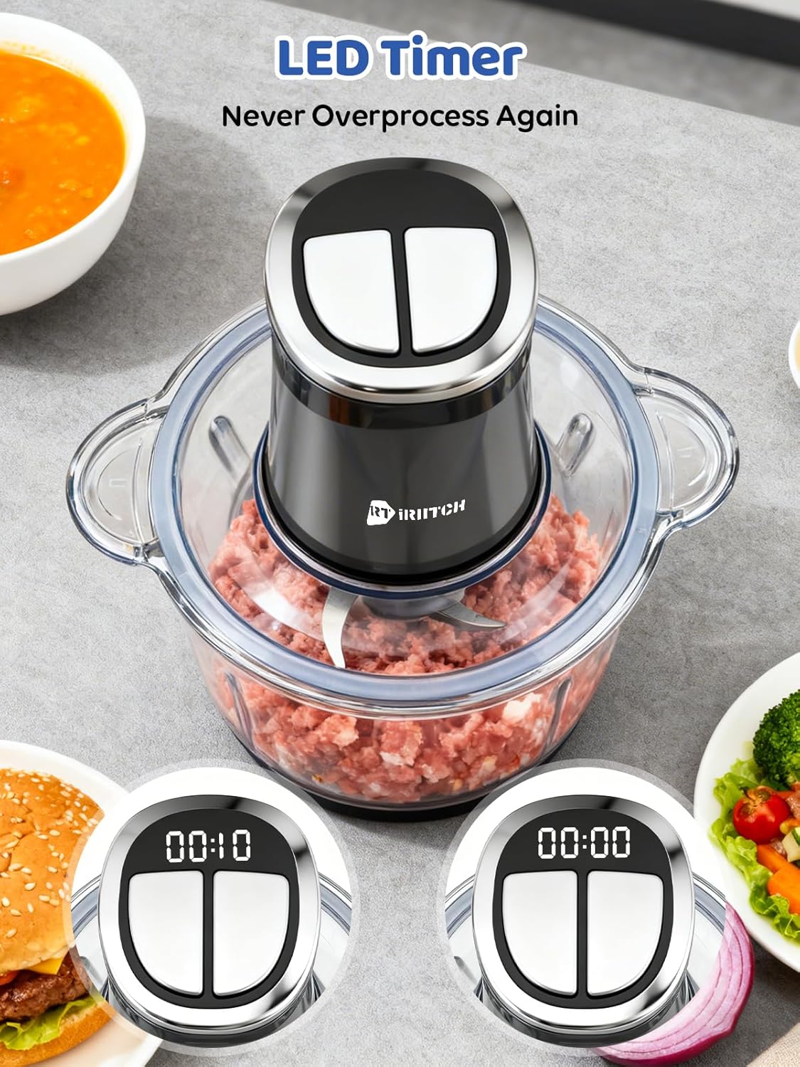 IRIITCH Food Processor with LED Timer, 800W Electric Chopper with 2 Bowls, Stainless Steel and Black, 2 Bi-Level Blades, Meat Grinder for Nuts, Onion, Garlic, Baby Food