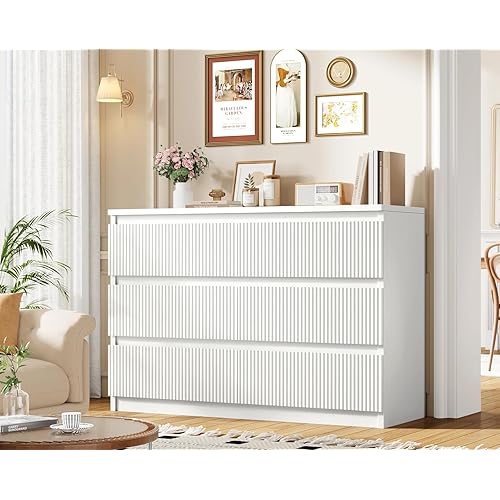 6 Drawer Dresser, Fluted Dresser for Bedroom with Sleek Hidden Handles, Bedroom Dressers with Drawers, Wood Closet Clothes Storage Organizer for Bedroom, Pure White