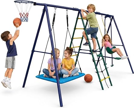 DECORLIFE 6-in-1 Swing Sets for Backyard, Outdoor Swing Set with Metal Frame, Climbing Net Ladder, Glider, Hammock, Belt Seat and Basketball Hoop, Active Play Playground for Kids - Multicolor