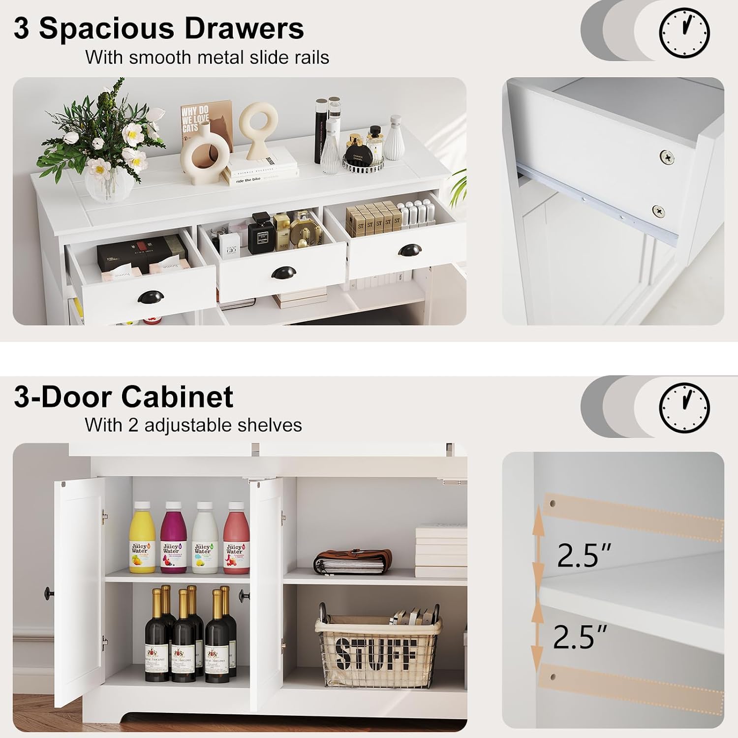 DORTALA Kitchen Buffet Sideboard, Wood Storage Cabinet w/ 3 Drawers and 2 Cupboards, 3 Doors, Morden Entryway Cupboard, Buffet Table for Dining Room, Kitchen, Living Room, Entryway, White