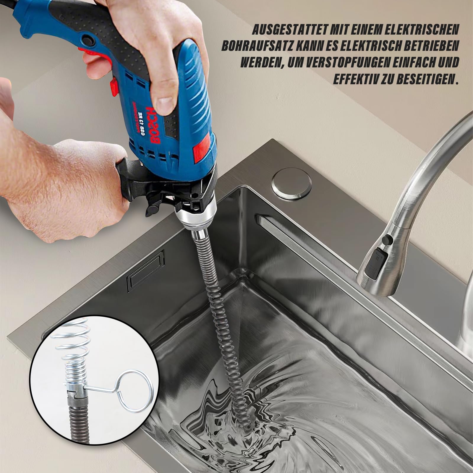 2Pcs Abflussreiniger Spirale Ø 12mm x 10m, WC Rohrreinigungsspirale mit Elektrischen/Manuellen Adaptern, 6 Abflussreiniger Schneidkopf, Multifunktionale Rohrreinigungswelle für Küche