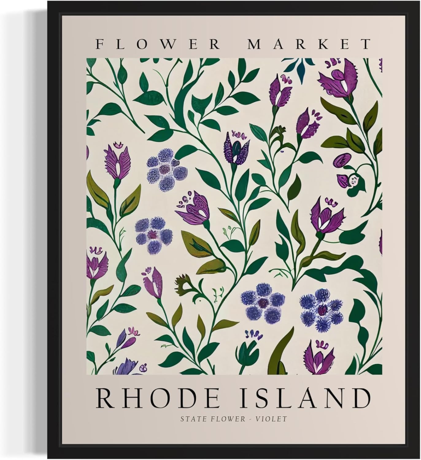 Vermont Flower Market Art Print Poster State Wall Art, Botanical Floral Artwork Decor for Bedroom, Kitchen, Bathroom, Livingroom Decoration 61 (Vermont, 16 x 20 inches, Black Frame)