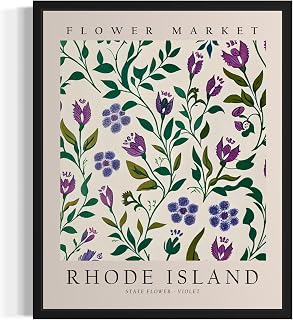 Rhode Island Flower Market Art Print Poster State Wall Art, Botanical Floral Artwork Decor for Bedroom, Kitchen, Bathroom, Livingroom Decoration 61 (Rhode Island, 8 x 10 inches, Unframed)