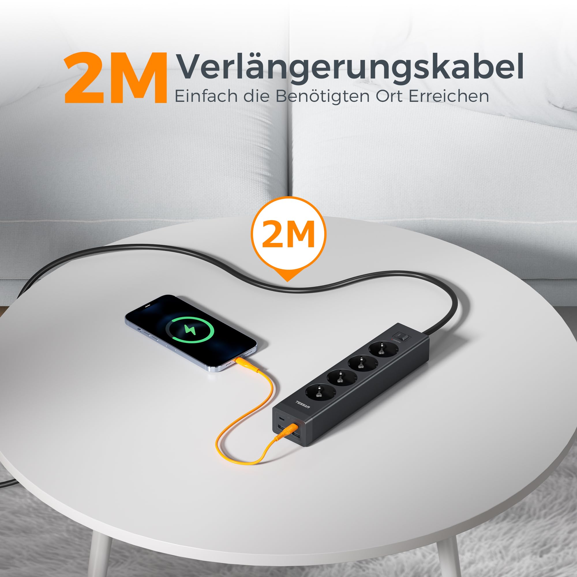 TESSAN 4-drożne gniazdko wielokrotne z przedłużaczem 2 m, czarne | Listwa zasilająca z 2 gniazdami USB C i 2 USB A, wtyczka wielokrotna z przełącznikiem, 3600 W, listwa zasilająca