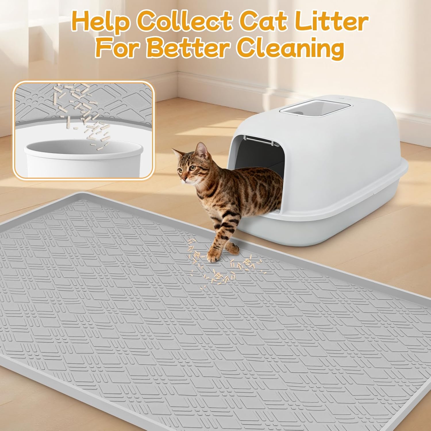 42" x29" Cat Litter Mat Lanstics Cat Mat for Litter Box Large Silicone Litter Box Mat for Kitty Scatter Control Floor Protect (Light Grey)