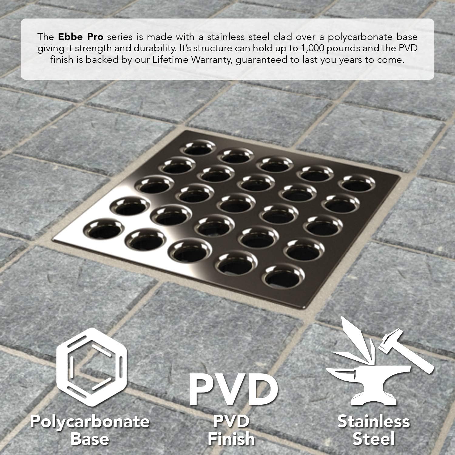 Ebbe E4409 Square Shower Drain Grate, Polished Nickel