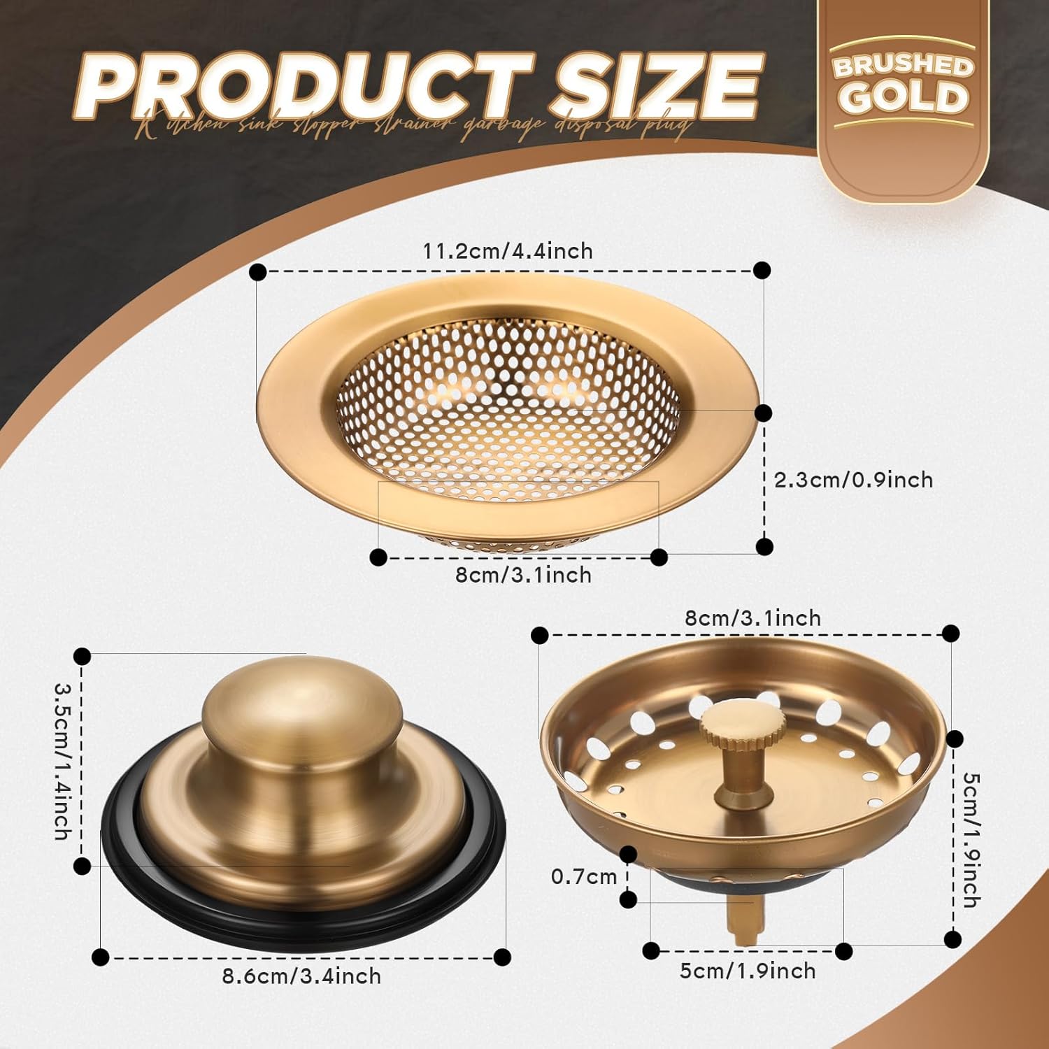 Mudder 3 Pcs Kitchen Sink Drain Strainer and Stopper Stainless Steel Garbage Disposal Plug with Handle Universal Anti-Clogging Kitchen Sink Filter Sieve Basket Strainer (Champagne Bronze)